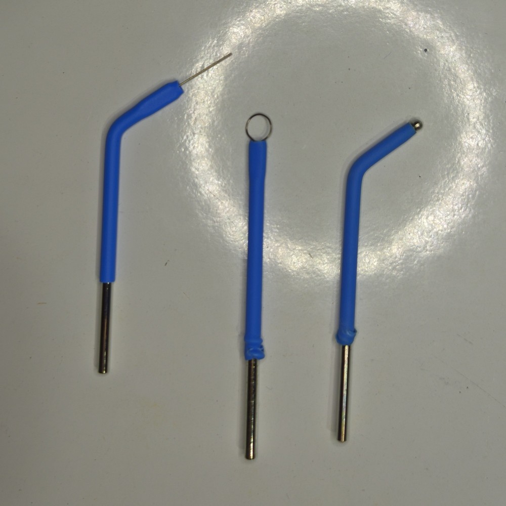 common electrosurgery tips - straight wire for cutting, round loop for beveling, sphere for bleeding arrest